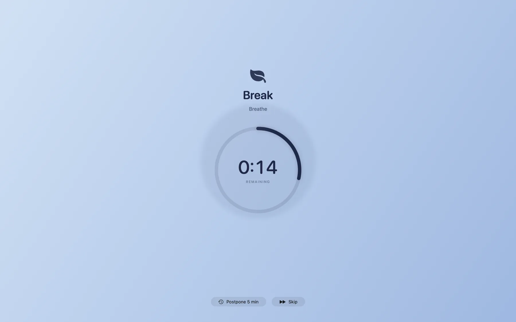 Intermezzo's full-screen break taking over an entire Mac display: a calm breathing ring reading 14 seconds remaining, with Postpone and Skip buttons