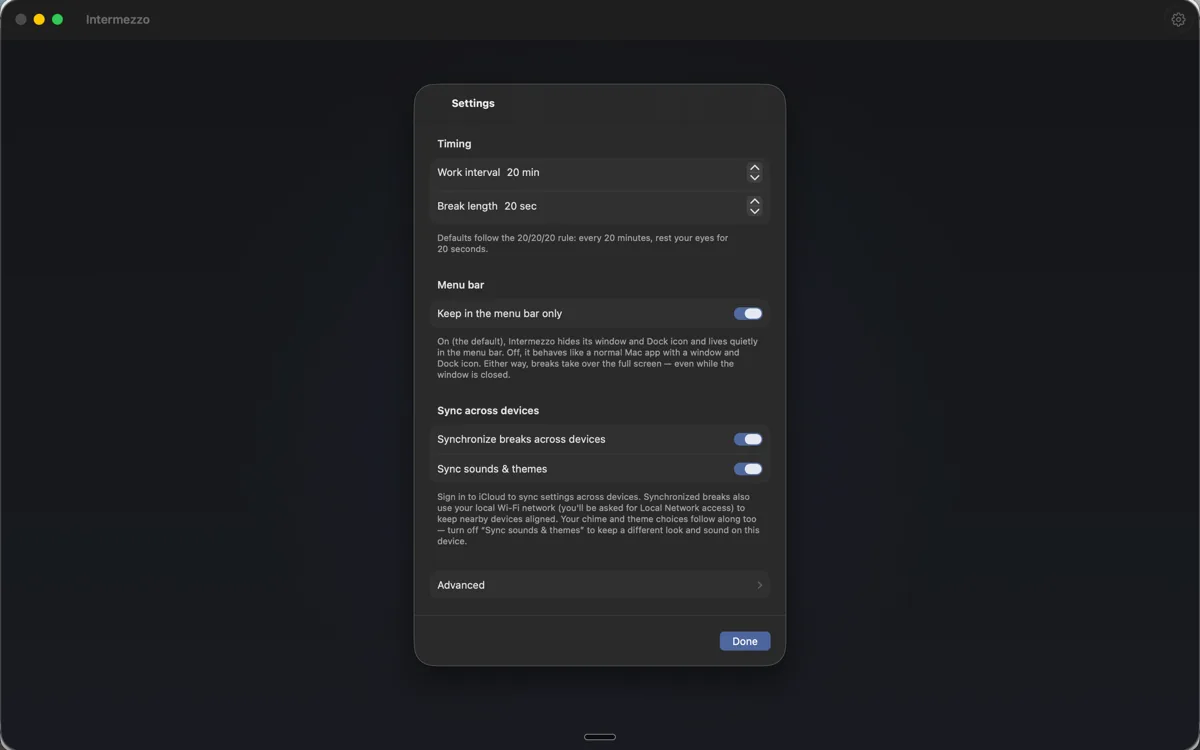 Intermezzo settings on a Mac: break timing, sounds, themes, and sync options